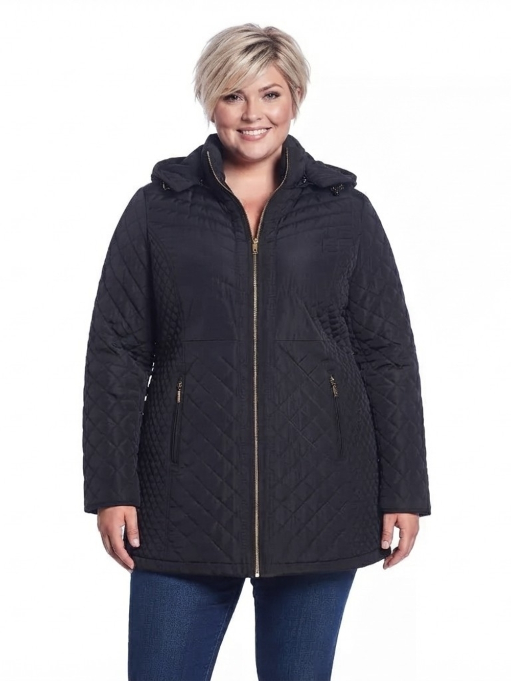 93-NWT-Gallery New York Black Quilted Hooded Puffer Jacket with Zipper (3X)